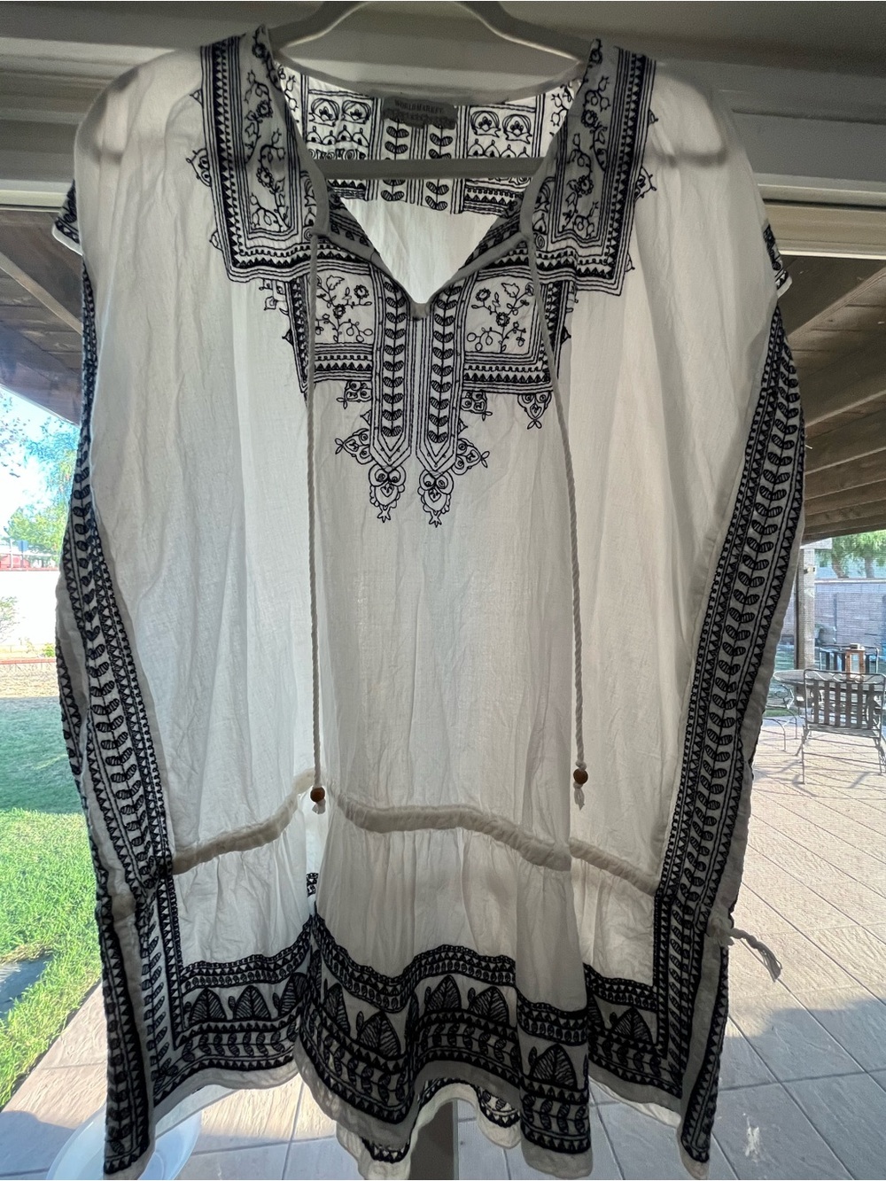 Cost Plus World Market White Tunic with Navy Embroidered Trim
